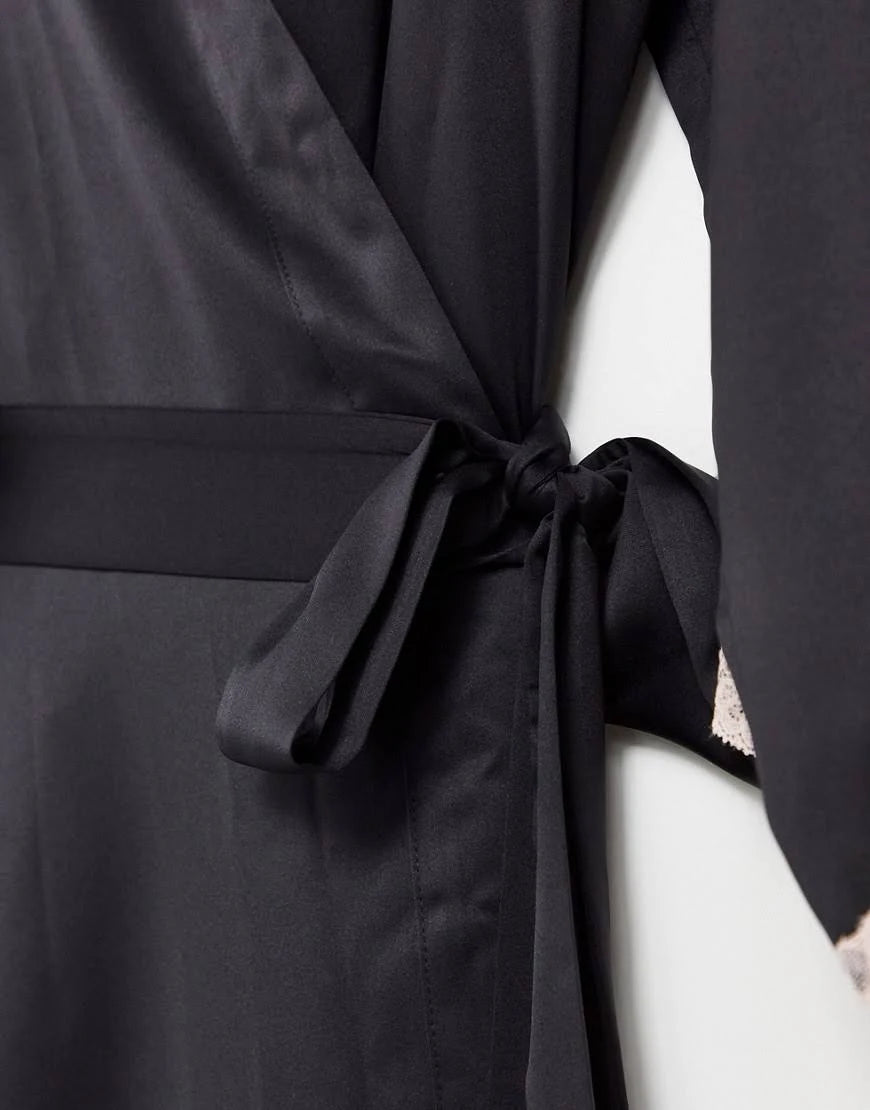 Black Satin Maxi Kimono F6732