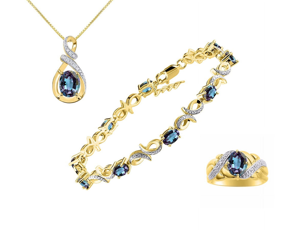 Yellow Gold Plated Love Knot Tennis Bracelet, Ring & Necklace with Alexandrite Z324795