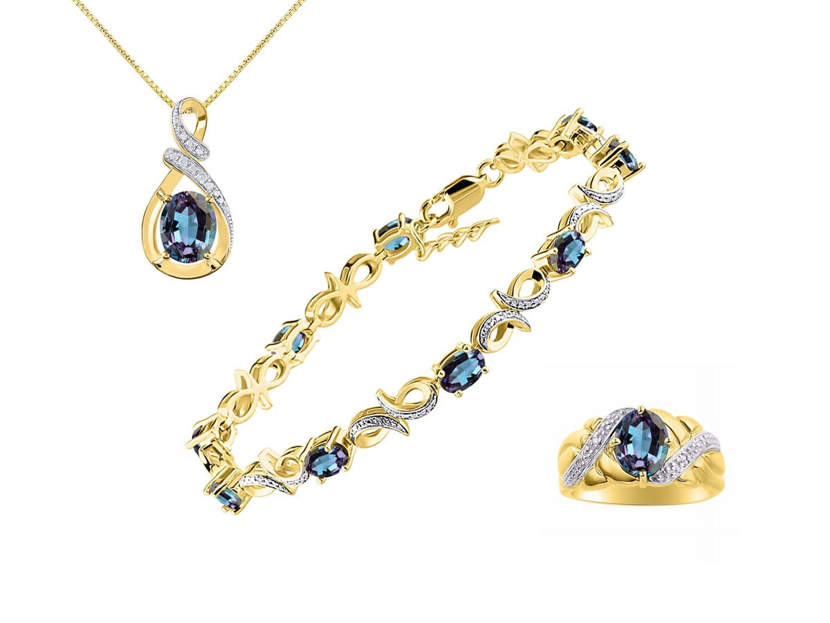 Yellow Gold Plated Love Knot Tennis Bracelet, Ring & Necklace with Alexandrite Z324795