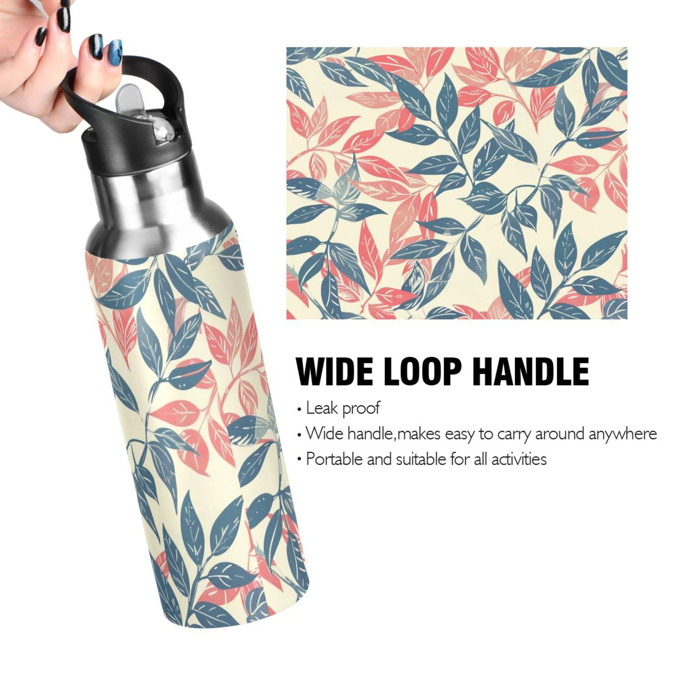 Retro Leaf Insulated Stainless Steel Water Bottle with Straw Lid 20 oz B231