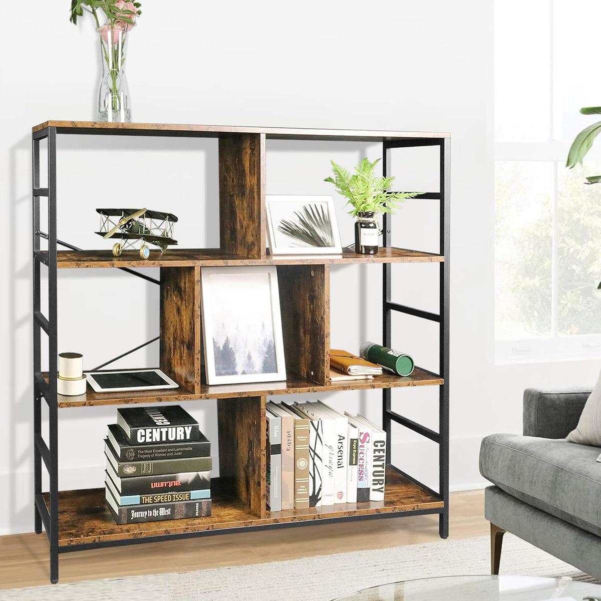 Rustic Brown 3-Tier Bookcase with Open Storage Shelves Y4399